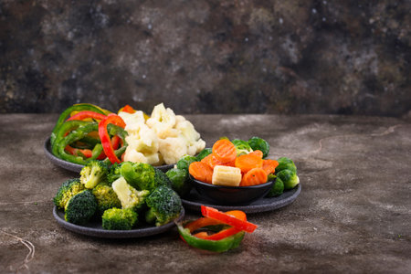 Different frozen vegetables. Food storage.の写真素材