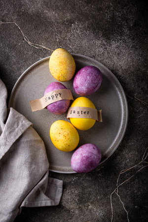 Easter eggs painted with natural dyeの写真素材