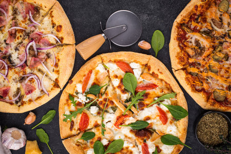 Assortment of various type of Italian pizzaの写真素材