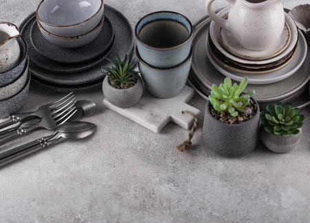 Craft ceramic plates, bowls and cupsの写真素材