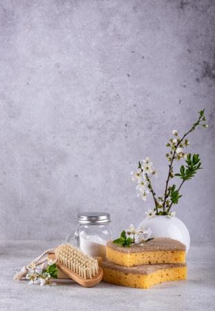 Eco cleaning with bottles, brushes and spongesの写真素材