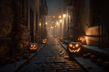 Pumpkin jack-o-lantern on streets of the city. Halloween. Generative aiの素材