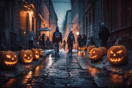 Pumpkin jack-o-lantern on streets of the city. Halloween. Generative aiの素材
