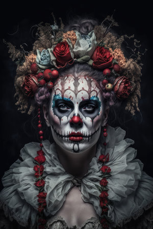 Creepy young woman in clown costume. Non real person. Generative aiの素材