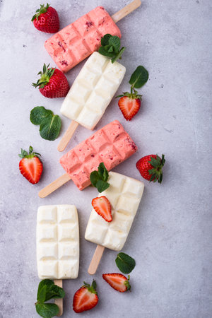 Strawberry ice cream pop sicle with mintの写真素材