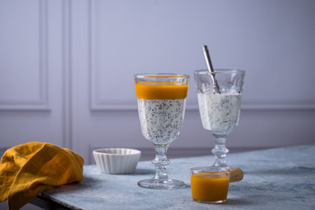 Healthy chia pudding with mangoの写真素材