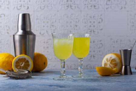 Traditional italian limoncello or lemon liquorの写真素材