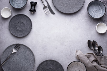 Craft ceramic plates, bowls and cupsの写真素材