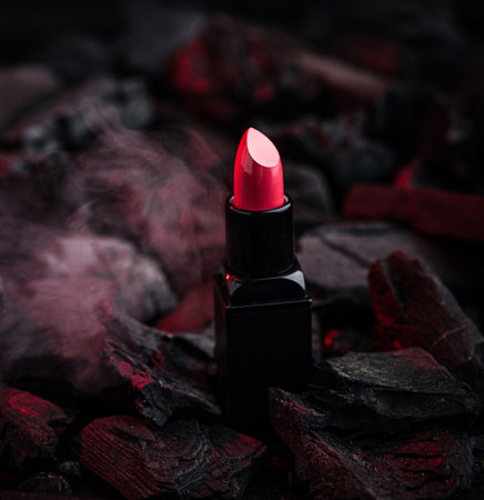 Red lipstick on charcoal backgroundの写真素材