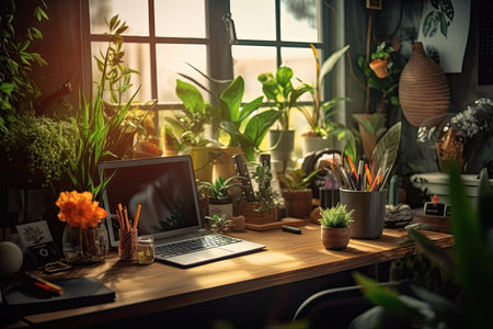 Workplace interior in botanical style. Generative AIの素材