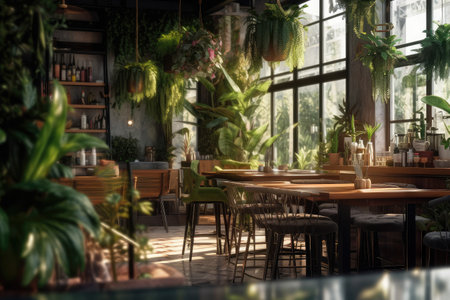 Cafe interior in botanical style with plant. Generative AIの素材
