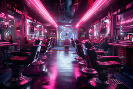 Interior of cyberpunk barbershop. Generative AIの素材