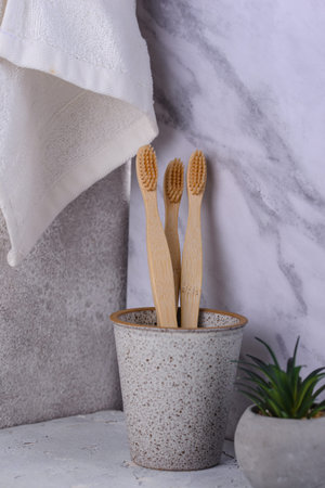 Bamboo toothbrush, zero waste care productsの写真素材