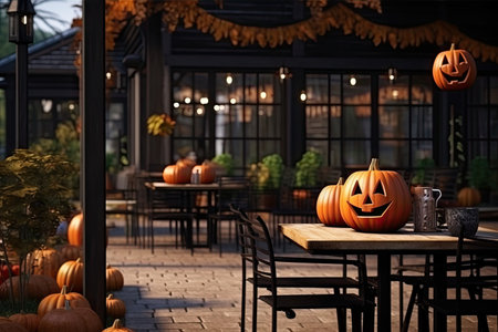 Halloween cafe interior design with pumpkin. Generative AIの素材