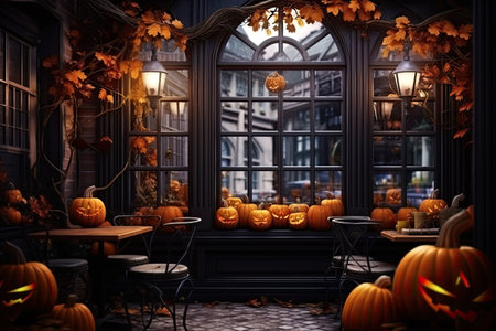 Halloween cafe interior design with pumpkin. Generative AIの素材