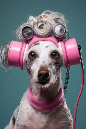 Dog in curlers. Grooming spa salon concept. Generative AIの素材