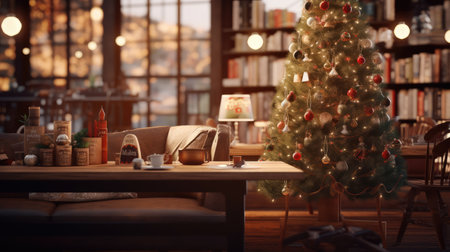 Christmas cafe interior with tree. Generative AIの素材
