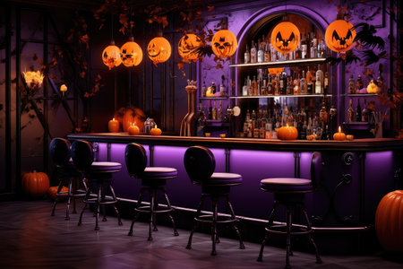 Halloween cafe interior design with pumpkin. Generative AIの素材