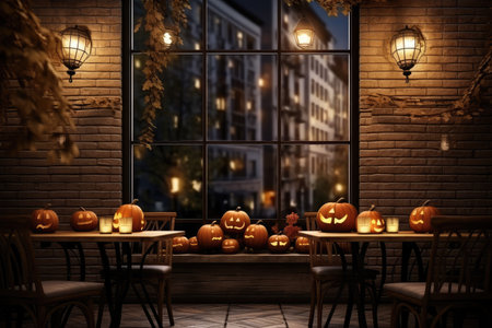 Halloween cafe interior design with pumpkin. Generative AIの素材