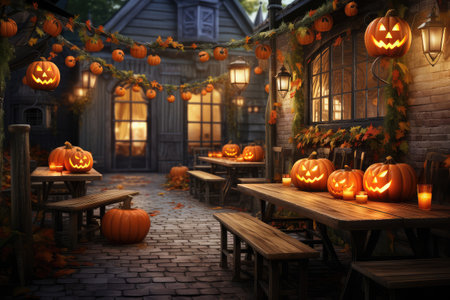 Halloween cafe interior design with pumpkin. Generative AIの素材