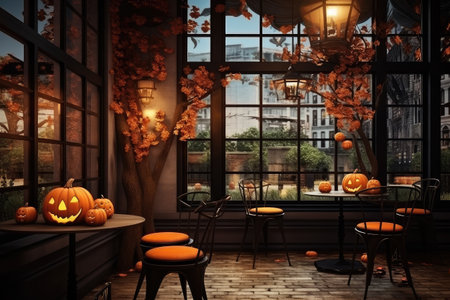 Halloween cafe interior design with pumpkin. Generative AIの素材