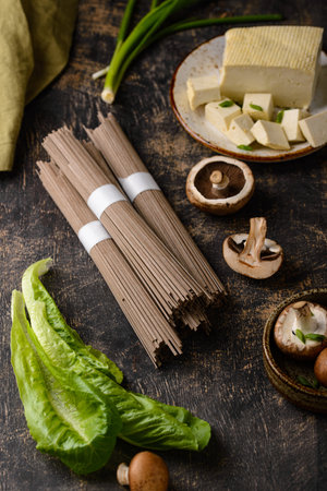 Raw soba noodles and cooking ingredient