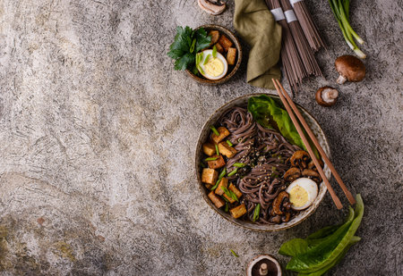 Soba noodle with tofu and mushroomの写真素材