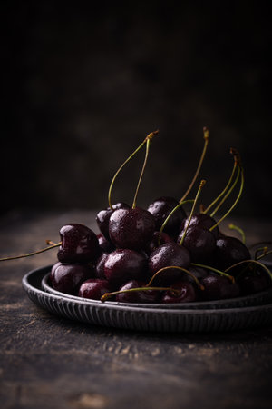 Fresh ripe cherry in dark mood compositionの写真素材