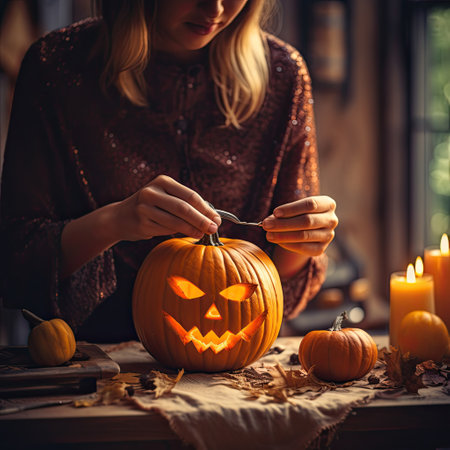 Woman carving lack-o-lantern from pumpkin. Generative aiの素材