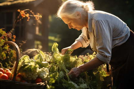 Grandmother harvesting vegetables. Generative aiの素材