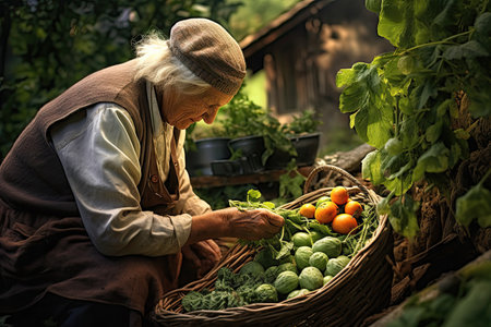 Grandmother harvesting vegetables. Generative aiの素材