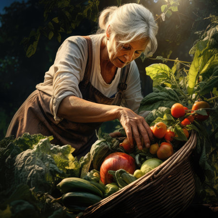 Grandmother harvesting vegetables. Generative aiの素材