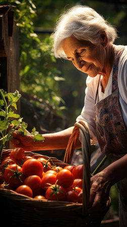Grandmother harvesting vegetables. Generative aiの素材