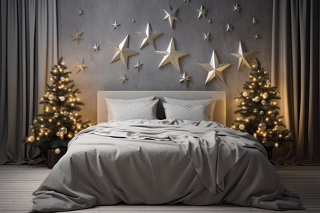 Interior of bedroom with Christmas decoration. Generative aiの素材