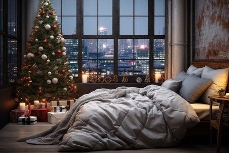 Interior of bedroom with Christmas decoration. Generative aiの素材