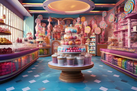 Interior of candy shop with different sweets. Generative ai.の素材