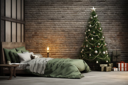 Interior of bedroom with Christmas decoration. Generative aiの素材