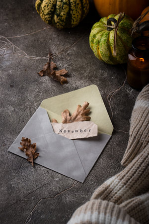 Autumn November still life with letter