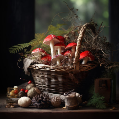 Basket with fly agarics mushroomsの素材
