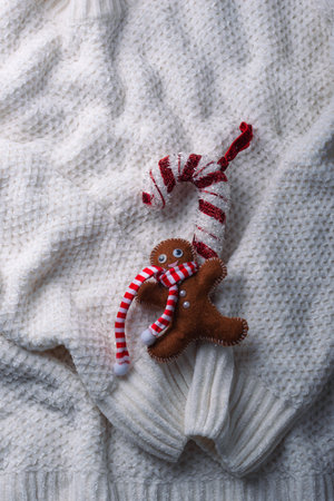 Christmas composition in white knitted background