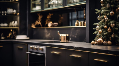 Dark kitchen interior with Christmas decorationの素材