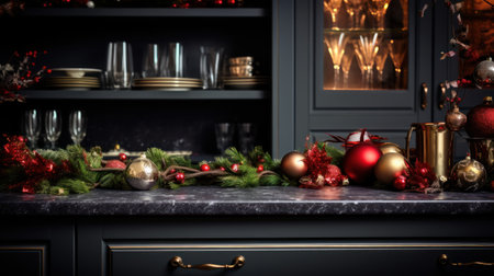 Dark kitchen interior with Christmas decorationの素材