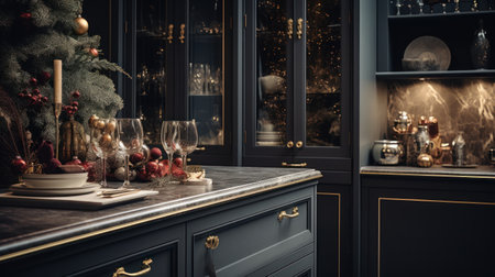 Dark kitchen interior with Christmas decorationの素材