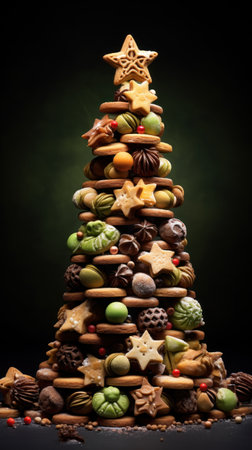 Christmas tree made from different cookiesの素材