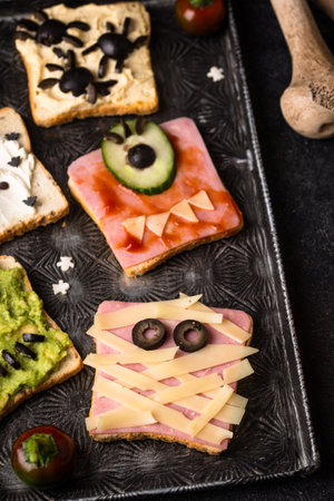 Halloween food for children, monsters toastsの写真素材