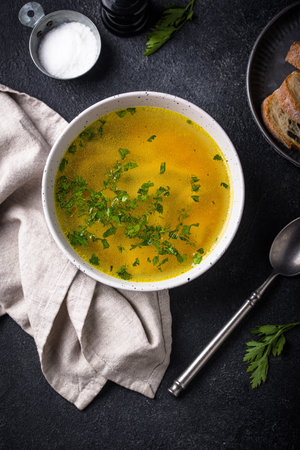 Chicken broth with parsley, healthy foodの写真素材