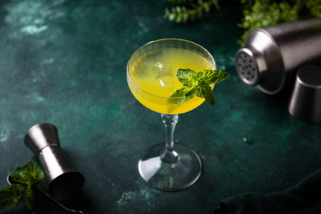 Tropical yellow lemon cocktail on green backgroundの写真素材