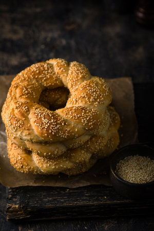 Traditional Turkish bagel simit with sesameの写真素材