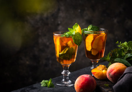 Cold ice tea with peach and mintの写真素材