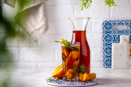 Cold ice tea with peach and mintの写真素材